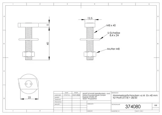 [70994524] 70994524 / AS Hammerkopfschrauben vz M 8 x 40 mm für Profil 27/18 + 28/30